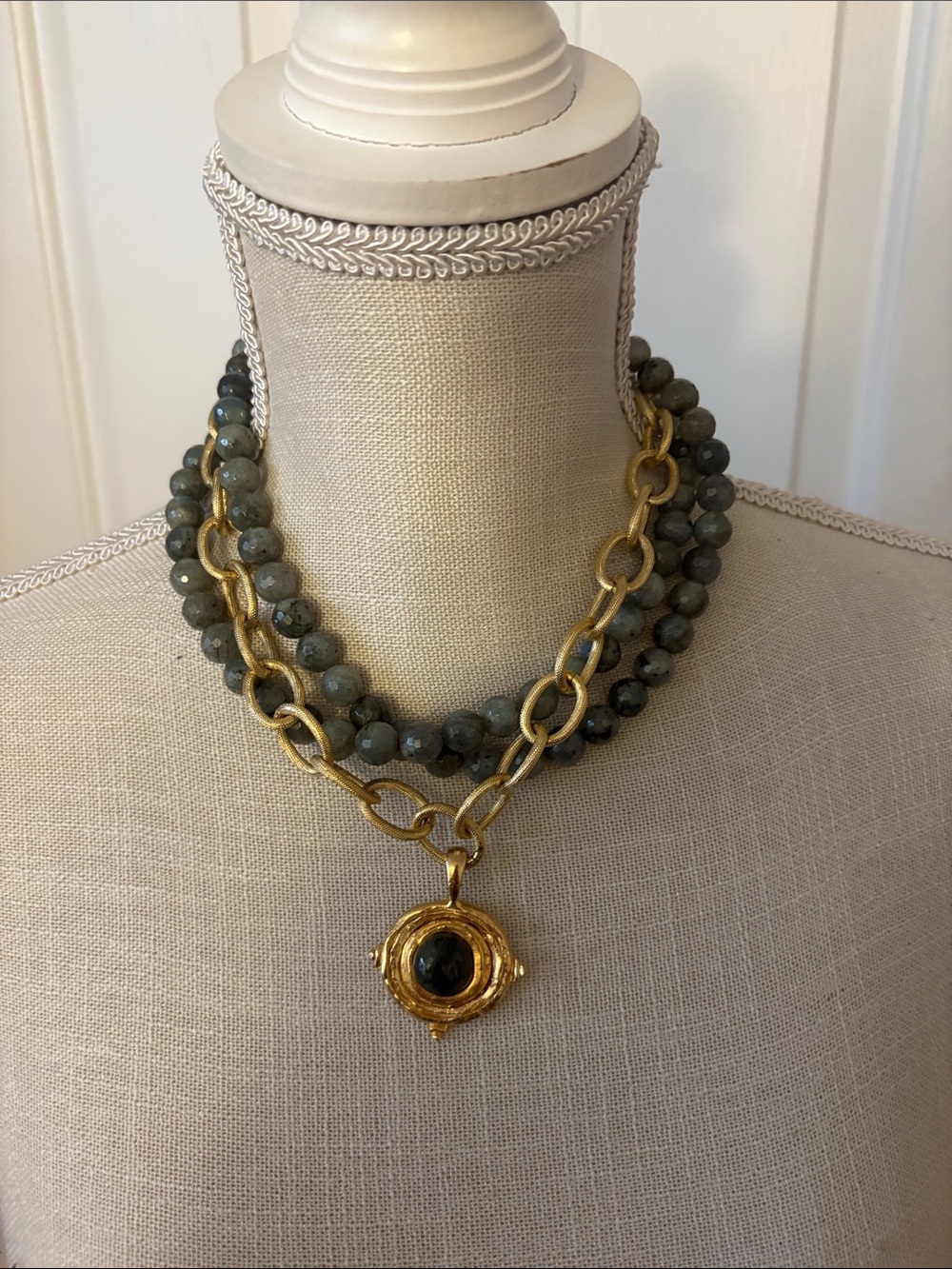NIBWT Susan Shaw Gray Labradorite and Gold Statement Triple Layer Necklace - Picture 10 of 17